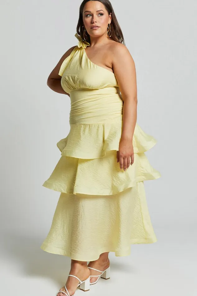 Eugenia Midi Dress 8211 One Shoulder Fit And Flare Layered Dress In Yellow Women Showpo Curve Clothes