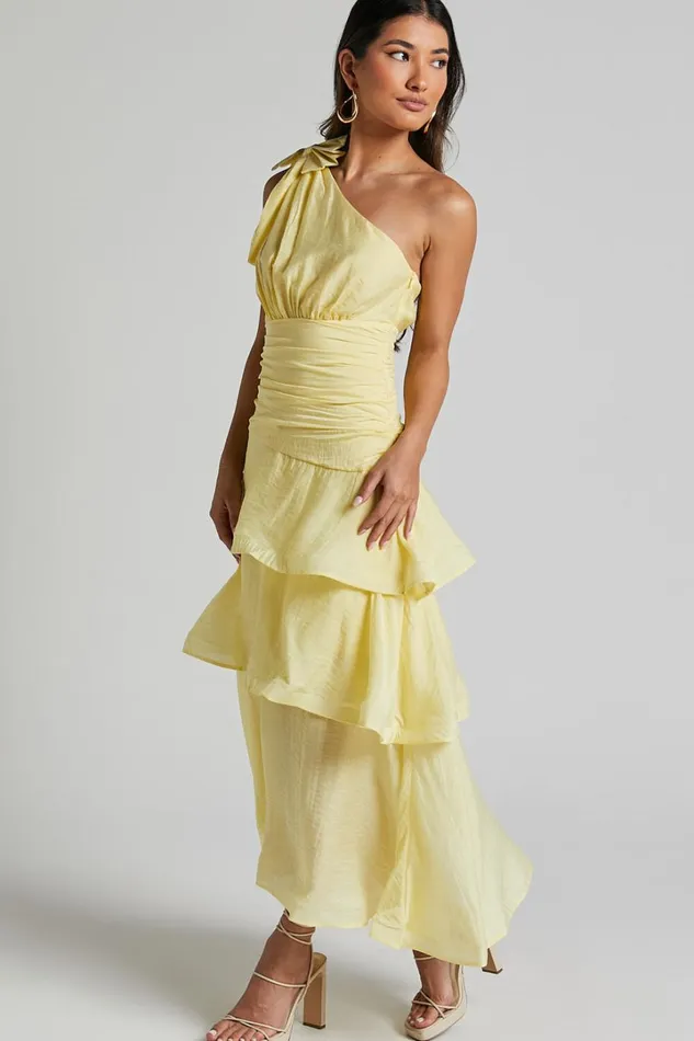 Eugenia Midi Dress 8211 One Shoulder Fit And Flare Layered Dress In Yellow Women Showpo Curve Clothes
