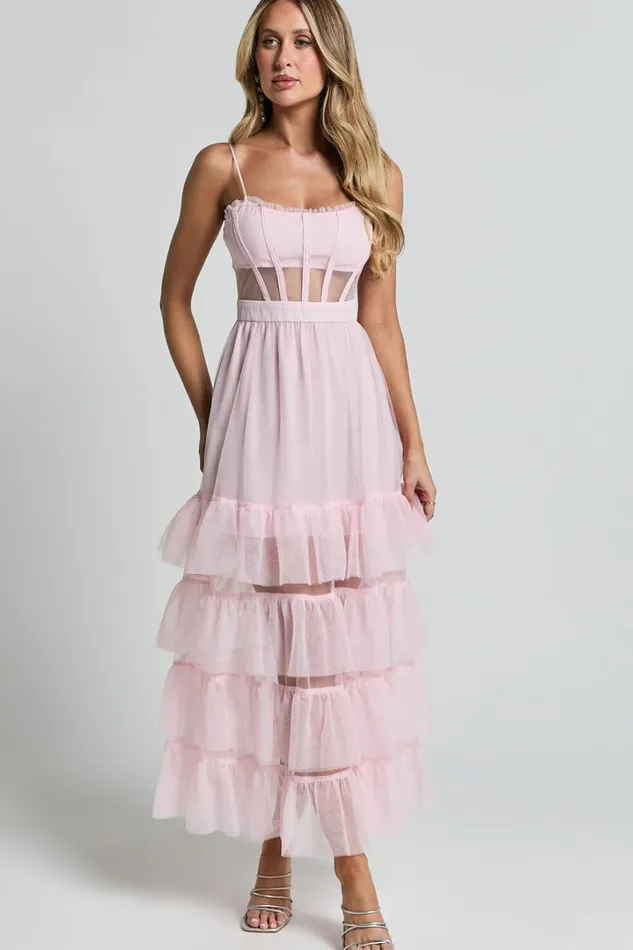 Evelynn Maxi Dress 8211 Sweetheart Corset Bodice Fit and Flare Tiered In Ballet Pink Women Showpo Dresses