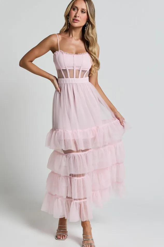Evelynn Maxi Dress 8211 Sweetheart Corset Bodice Fit and Flare Tiered In Ballet Pink Women Showpo Dresses