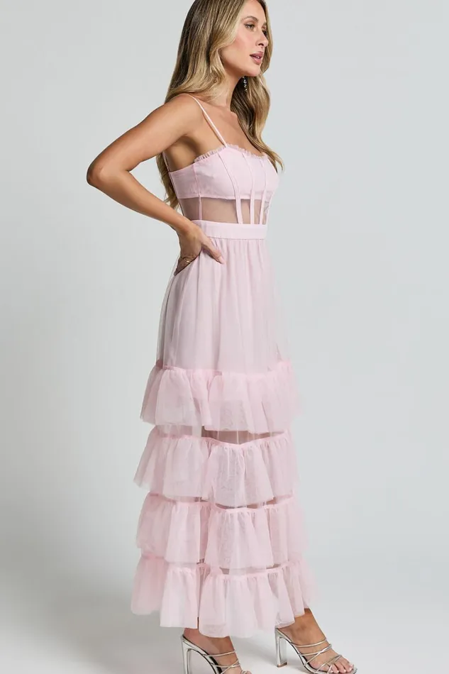 Evelynn Maxi Dress 8211 Sweetheart Corset Bodice Fit and Flare Tiered In Ballet Pink Women Showpo Dresses