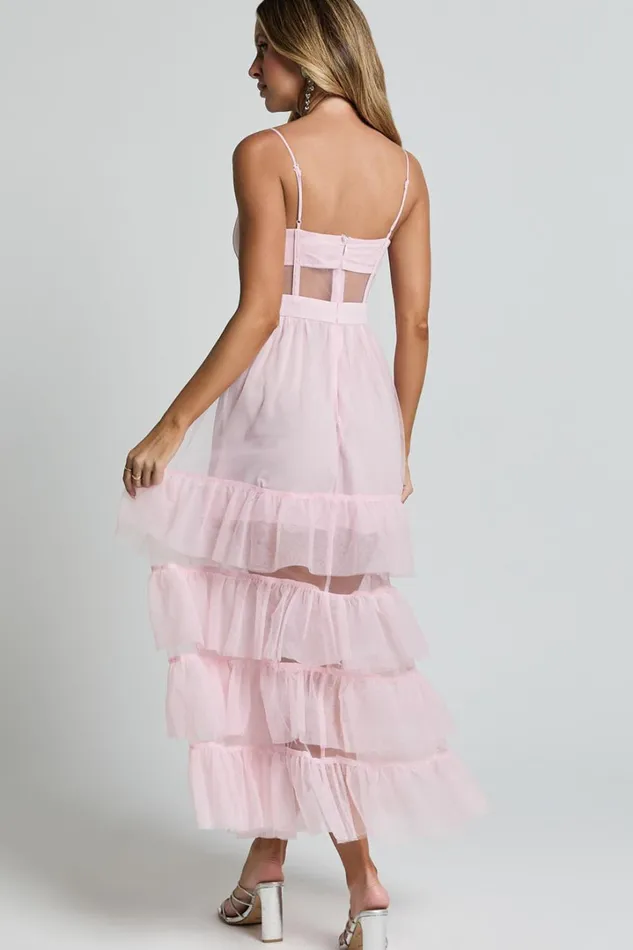 Evelynn Maxi Dress 8211 Sweetheart Corset Bodice Fit and Flare Tiered In Ballet Pink Women Showpo Dresses