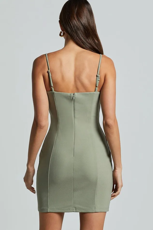 Evie Mini Dress 8211 Adjustable Sleeve Cup Bust Shift Dress In Olive Women Showpo Dresses