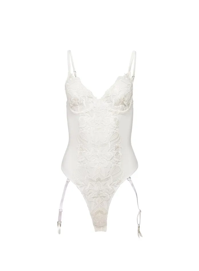 Fleur Du Mal Bridal Women Lola Bow Embroidery Bodysuit Ivory Fleur Du Mal Bridal Women Lola Bow Embroidery Bodysuit Ivory