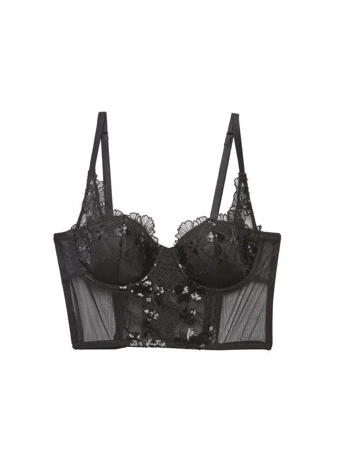 Fleur Du Mal Bustiers and Bra Tops Women Sequin Violet Embroidery Bustier Top Black Fleur Du Mal Bustiers and Bra Tops Women Sequin Violet Embroidery Bustier Top Black
