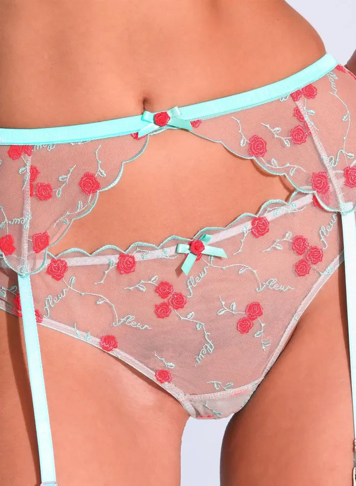 Fleur Du Mal Garters and Belts Women Rose U0026 Vine Embroidery Garter Belt Bright Jade