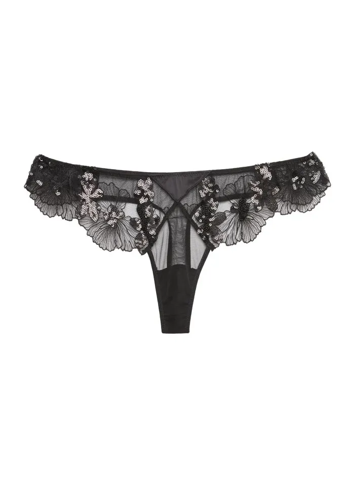 Fleur Du Mal Pleasure Women Sequin Violet Embroidery Thong Black Fleur Du Mal Pleasure Women Sequin Violet Embroidery Thong Black