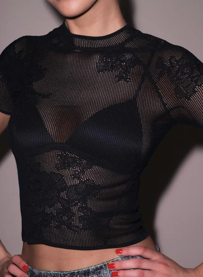Fleur Du Mal TShirts and Short Sleeves Women Lace Pointelle Tee Black Fleur Du Mal TShirts and Short Sleeves Women Lace Pointelle Tee Black