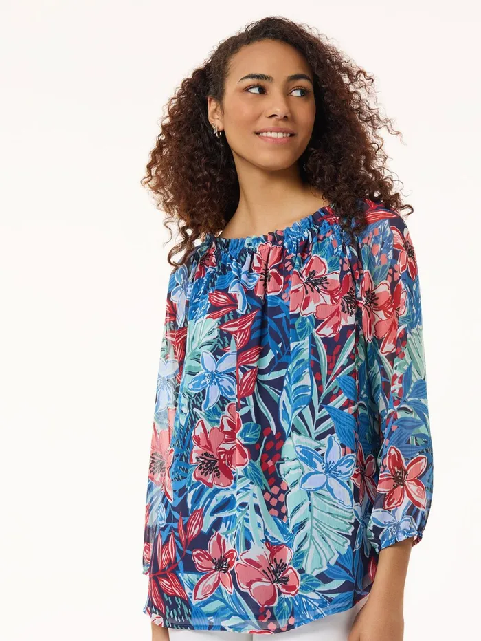 Floral Smocked High Neckline Blouse Women Jones New York Tops and Blouses