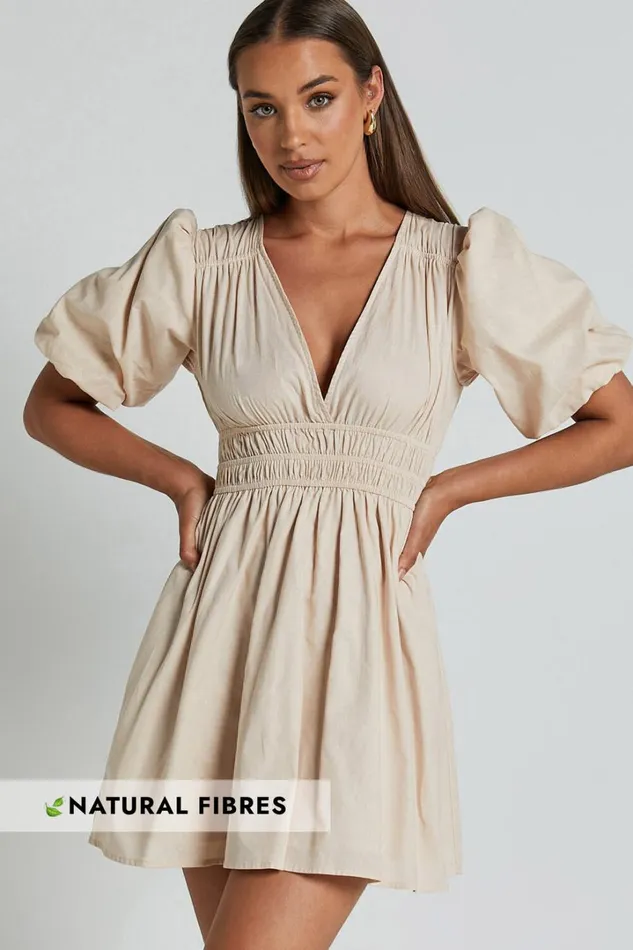 Francesca V Neck Puff Sleeves Mini Dress In Natural Women Showpo Curve Clothes