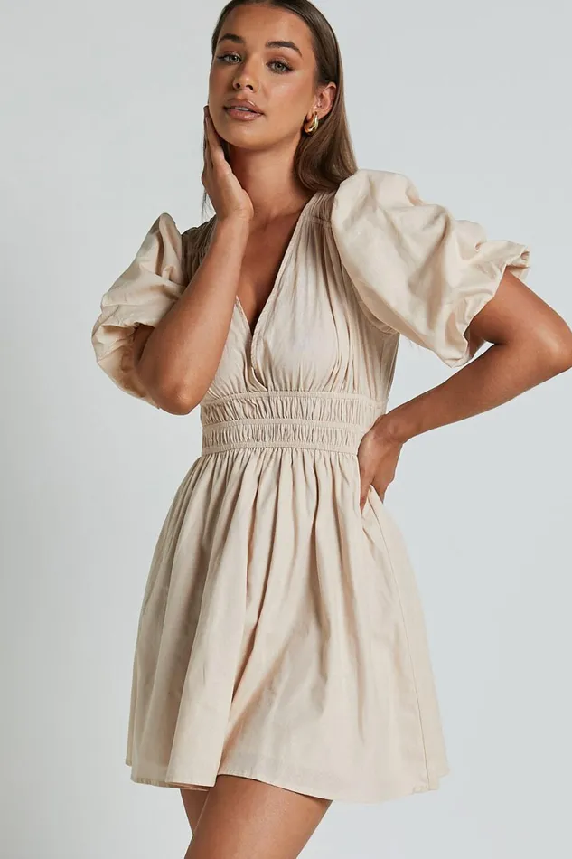 Francesca V Neck Puff Sleeves Mini Dress In Natural Women Showpo Curve Clothes