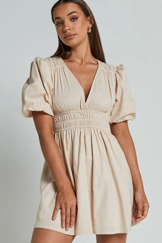 Francesca V Neck Puff Sleeves Mini Dress In Natural Women Showpo Curve Clothes