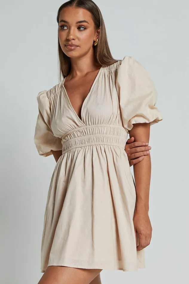 Francesca V Neck Puff Sleeves Mini Dress In Natural Women Showpo Curve Clothes