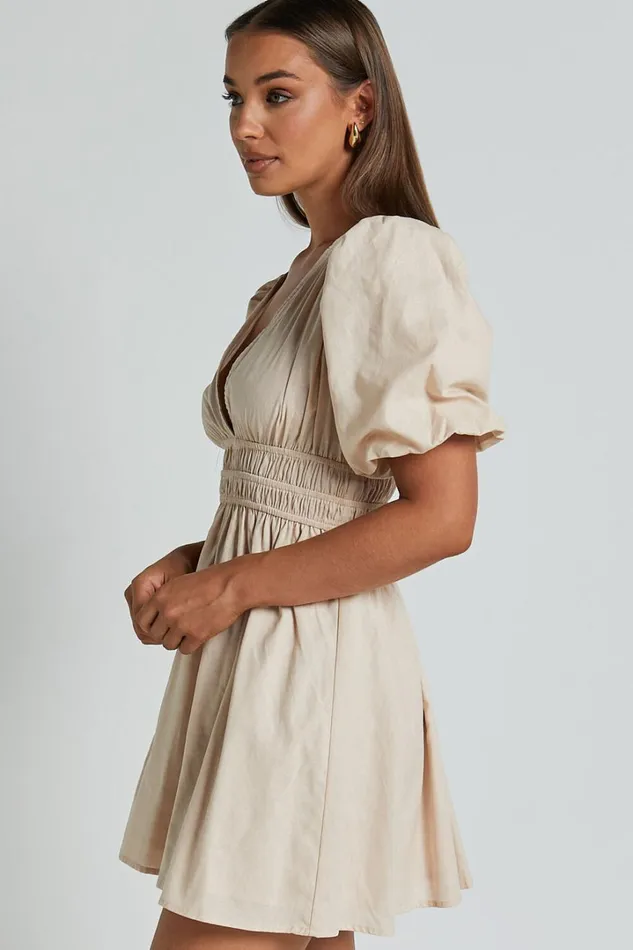 Francesca V Neck Puff Sleeves Mini Dress In Natural Women Showpo Curve Clothes