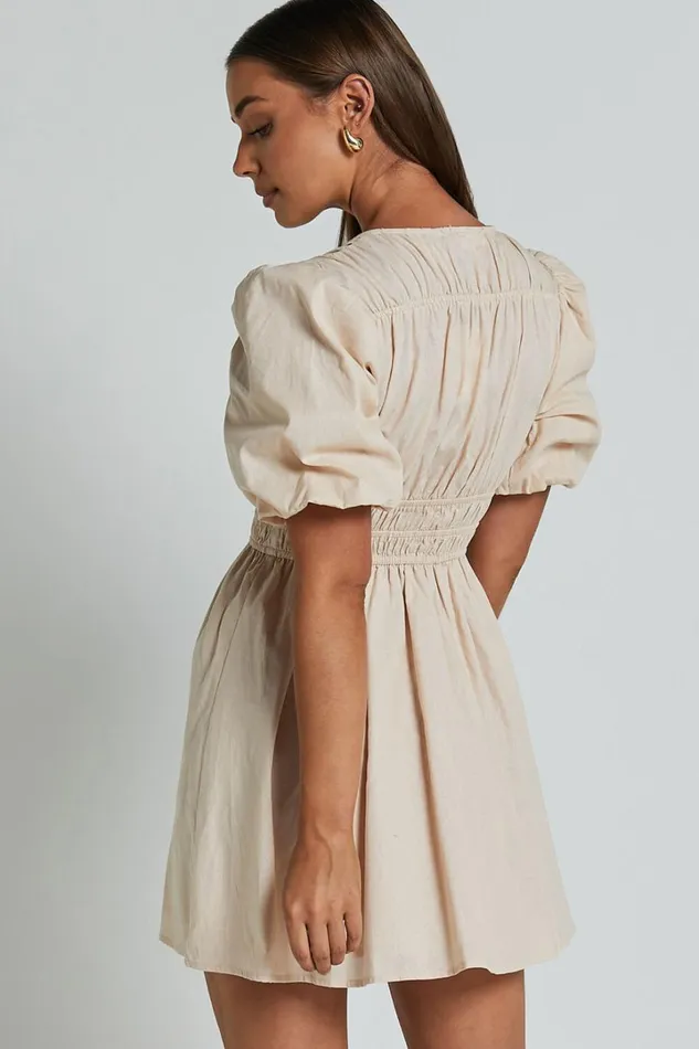 Francesca V Neck Puff Sleeves Mini Dress In Natural Women Showpo Curve Clothes