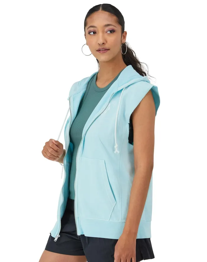 French Terry Sleeveless Hoodie 1919 Rochester Ny Graphic Sun Dye Frosted Turq Women Champion Hoodies and Sweatshirts