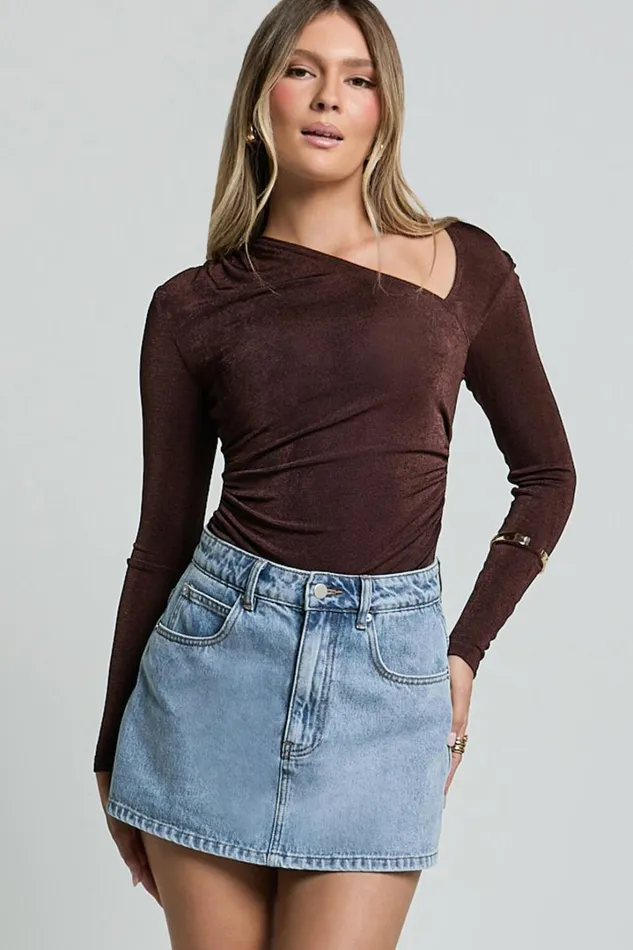 Genie Bodysuit 8211 Long Sleeve Asymmetric Neckline Bodysuit In Chocolate Women Showpo Tops Genie Bodysuit 8211 Long Sleeve Asymmetric Neckline Bodysuit In Chocolate Women Showpo Tops