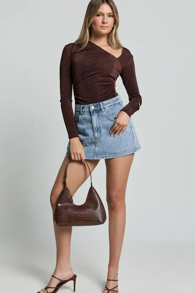 Genie Bodysuit 8211 Long Sleeve Asymmetric Neckline Bodysuit In Chocolate Women Showpo Tops