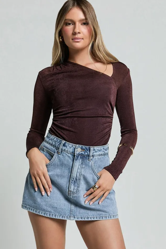 Genie Bodysuit 8211 Long Sleeve Asymmetric Neckline Bodysuit In Chocolate Women Showpo Tops