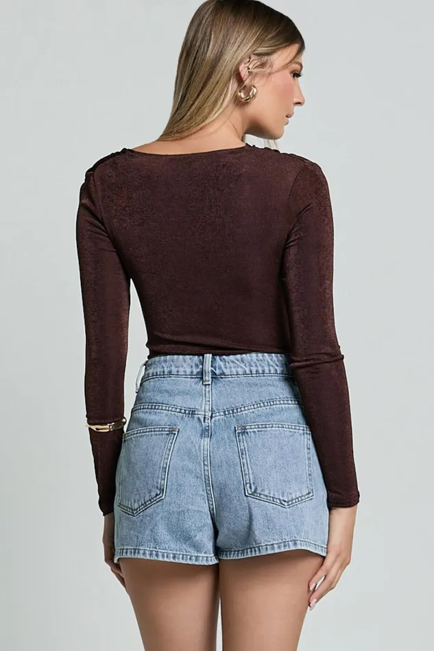 Genie Bodysuit 8211 Long Sleeve Asymmetric Neckline Bodysuit In Chocolate Women Showpo Tops
