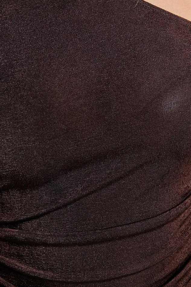 Genie Bodysuit 8211 Long Sleeve Asymmetric Neckline Bodysuit In Chocolate Women Showpo Tops