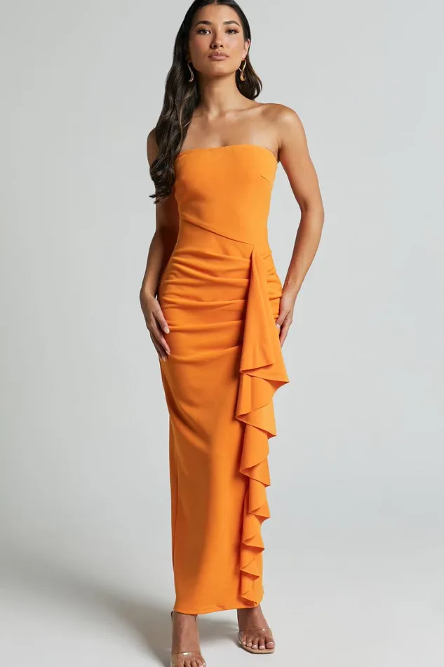 Ghamie Midi Dress 8211 Strapless Ruffle Dress In Orange Women Showpo Dresses