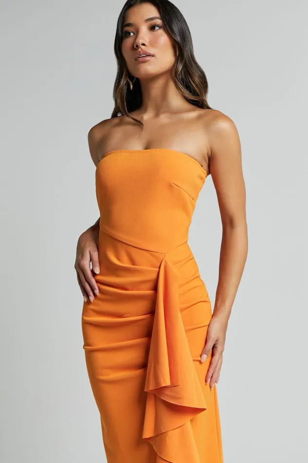 Ghamie Midi Dress 8211 Strapless Ruffle Dress In Orange Women Showpo Dresses