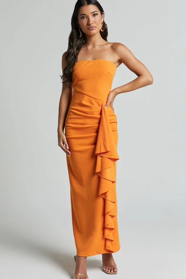 Ghamie Midi Dress 8211 Strapless Ruffle Dress In Orange Women Showpo Dresses