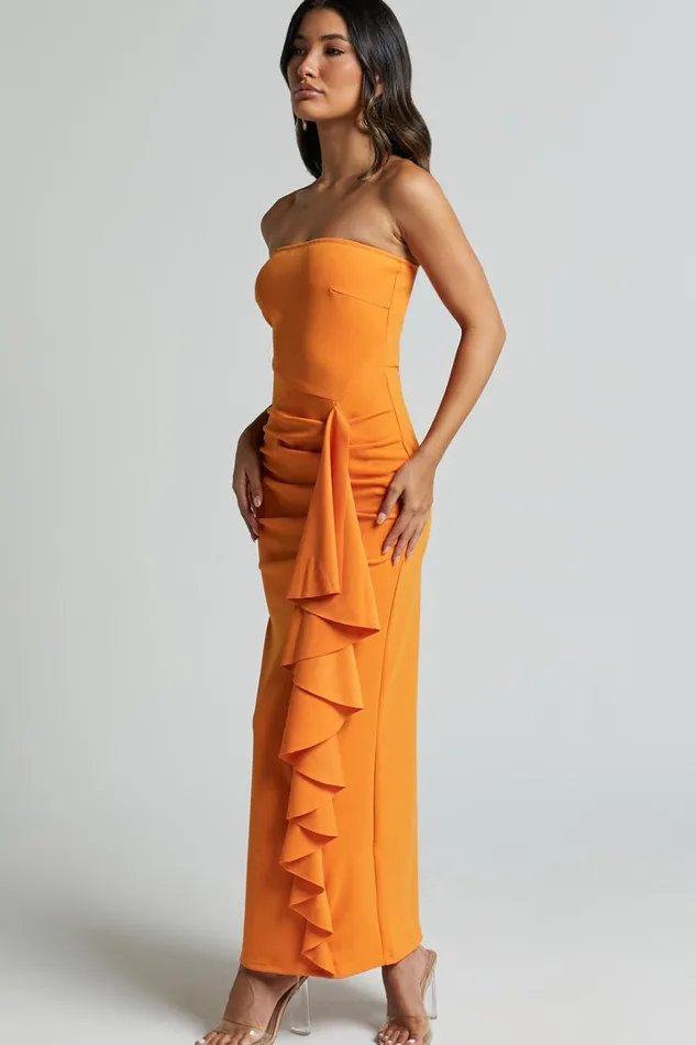 Ghamie Midi Dress 8211 Strapless Ruffle Dress In Orange Women Showpo Dresses