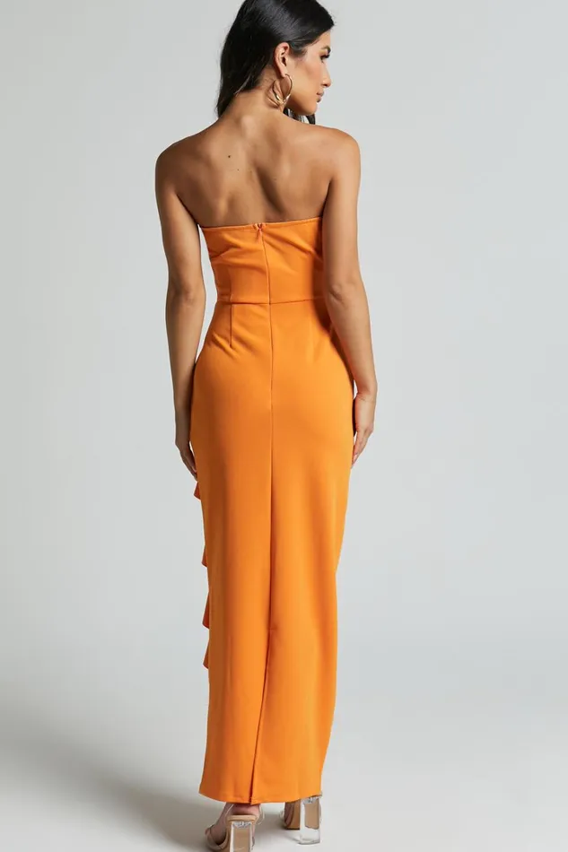 Ghamie Midi Dress 8211 Strapless Ruffle Dress In Orange Women Showpo Dresses
