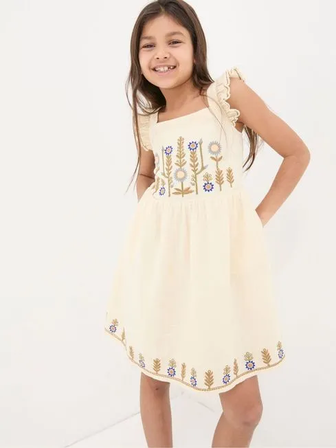 Girls Fatface Dresses Natural Embroidered Strappy Dress