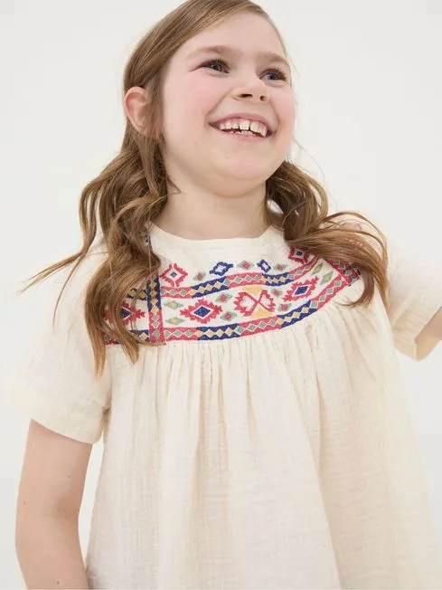 Girls Fatface Tops and TShirts Cream Aztec Embroidered Top