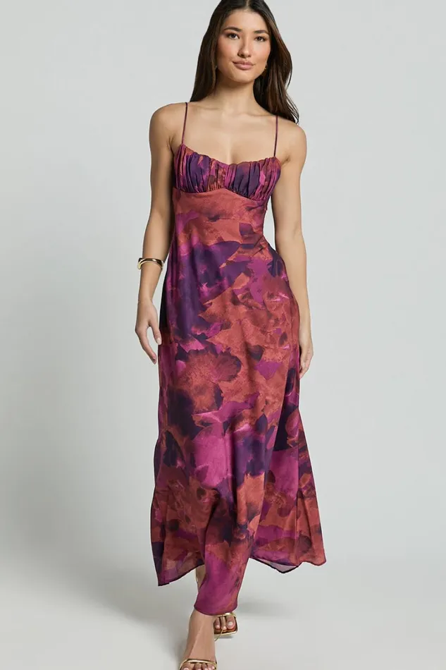 Giselli Midi Dress 8211 Adjustable Strap Ruched Bust Dress In Dark Rose Print Women Showpo Dresses