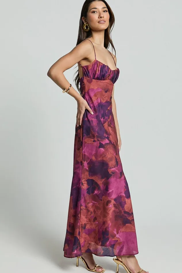Giselli Midi Dress 8211 Adjustable Strap Ruched Bust Dress In Dark Rose Print Women Showpo Dresses