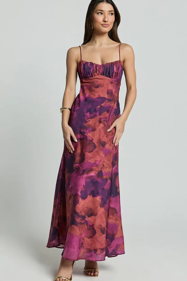 Giselli Midi Dress 8211 Adjustable Strap Ruched Bust Dress In Dark Rose Print Women Showpo Dresses