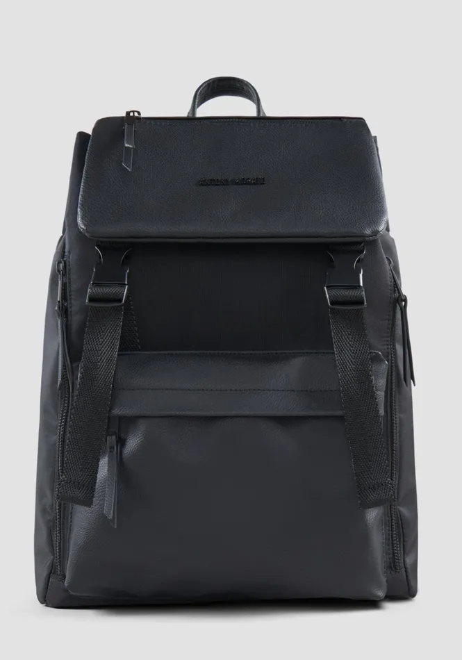 Handbags Men Antony Morato Nylon And Hammered Faux Leather Backpack Black