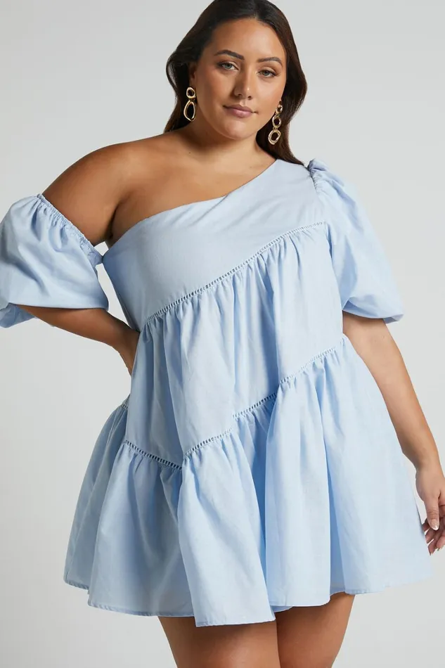 Harleen Mini Dress 8211 Linen Look Asymmetrical Trim Puff Sleeve Dress In Light Blue Women Showpo Curve Clothes