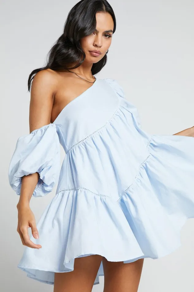 Harleen Mini Dress 8211 Linen Look Asymmetrical Trim Puff Sleeve Dress In Light Blue Women Showpo Curve Clothes