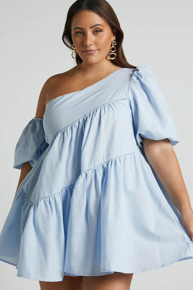 Harleen Mini Dress 8211 Linen Look Asymmetrical Trim Puff Sleeve Dress In Light Blue Women Showpo Curve Clothes