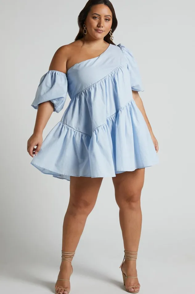 Harleen Mini Dress 8211 Linen Look Asymmetrical Trim Puff Sleeve Dress In Light Blue Women Showpo Curve Clothes