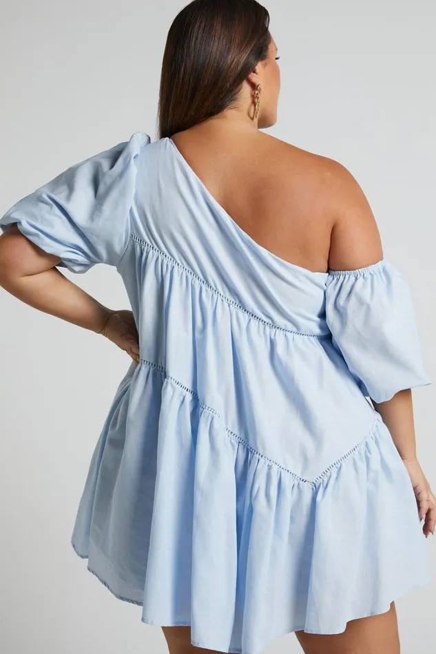 Harleen Mini Dress 8211 Linen Look Asymmetrical Trim Puff Sleeve Dress In Light Blue Women Showpo Curve Clothes