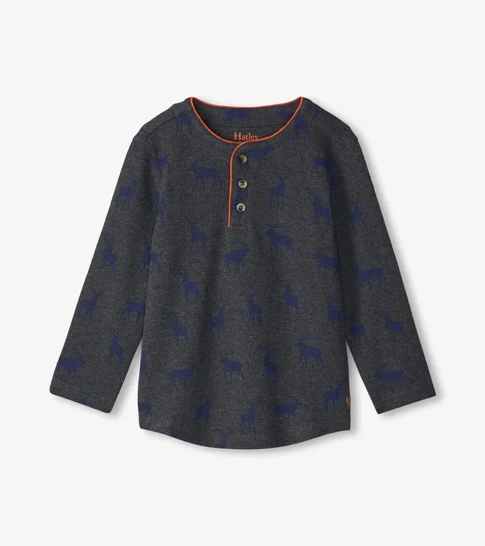 Hatley Boys Blue Elks Long Sleeve Henley TShirt Boys Tops