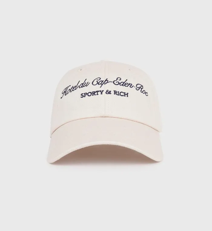Hats Women Sporty and Rich Hotel Du Cap Cursive Hat 8211 CreamNavy