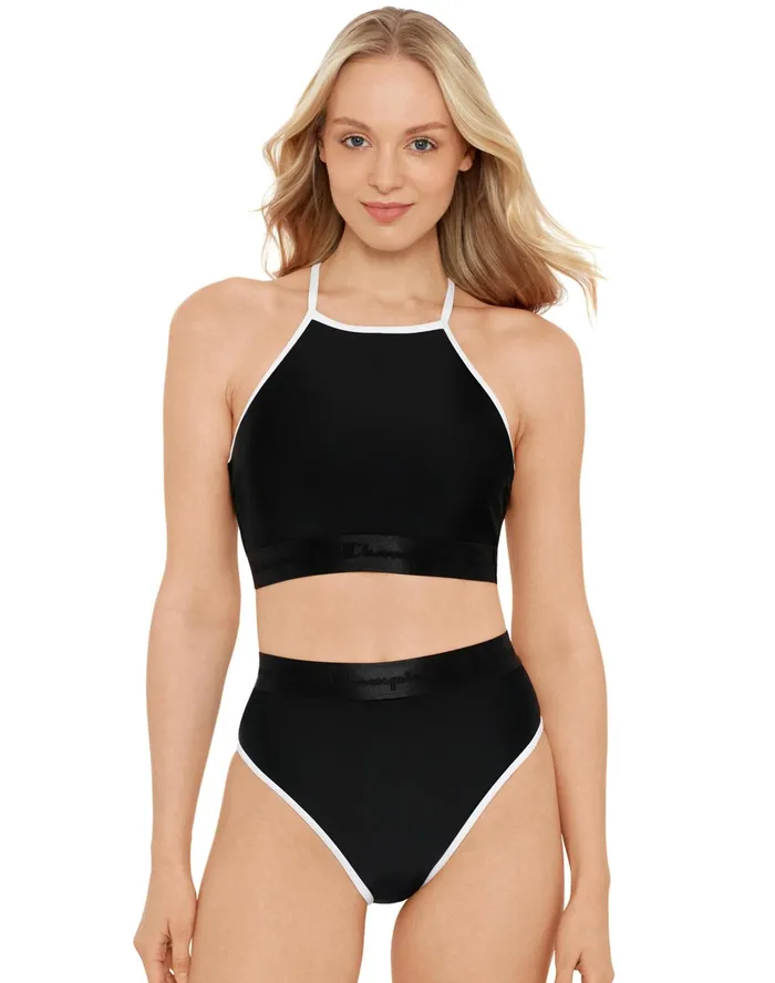 HighNeck Bathing Suit Top Script Logo Band Black Women Champion Swimwear