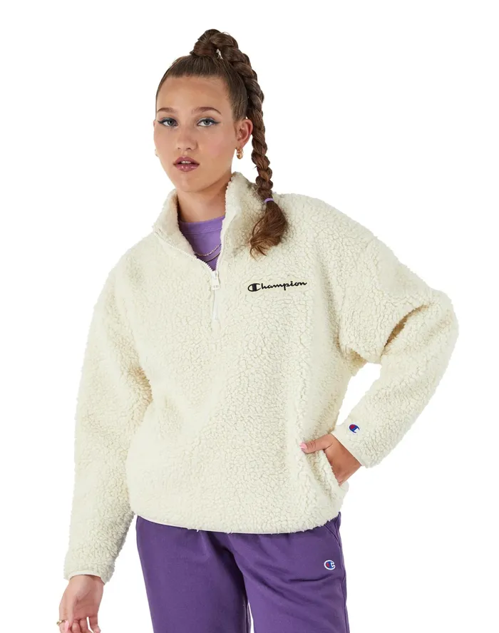 High Pile Zip Pullover Script Logo Natural Women Champion Jackets