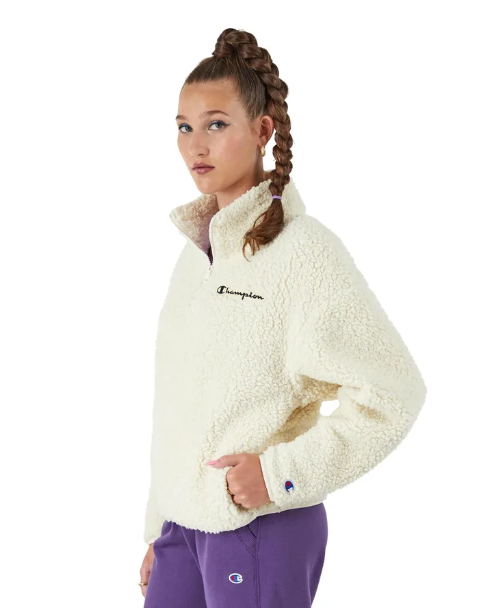 High Pile Zip Pullover Script Logo Natural Women Champion Jackets