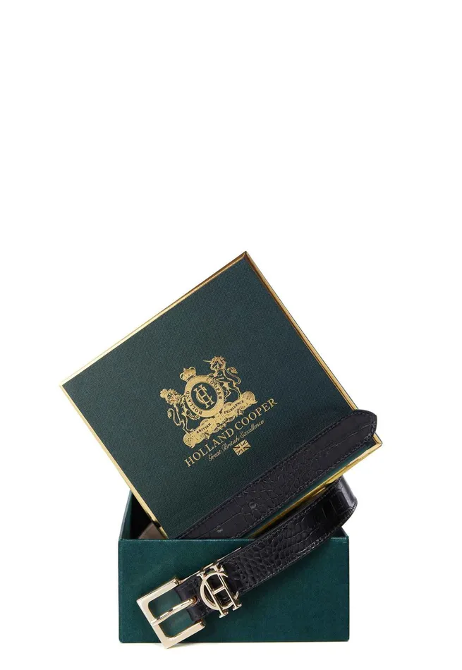 Holland Cooper Belts Women HC Slim Logo Belt Black Croc