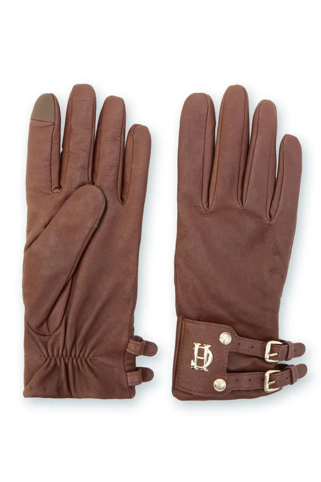 Holland Cooper Gloves Women Monogram Leather Gloves Tan