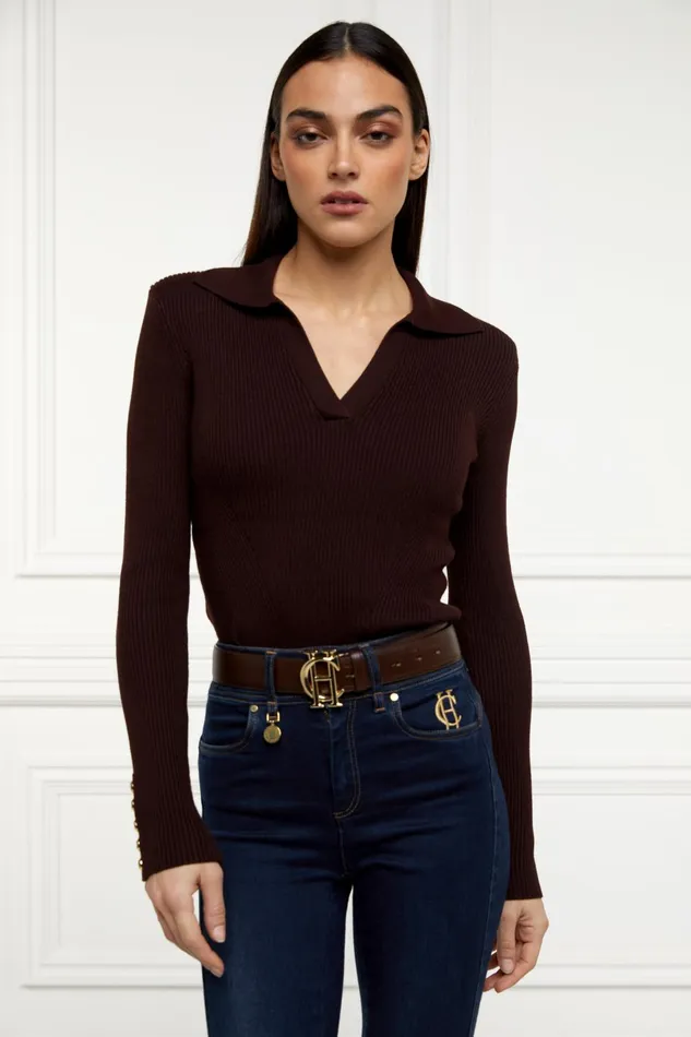 Holland Cooper Knitwear Women VNeck Rib Top Chocolate Holland Cooper Knitwear Women VNeck Rib Top Chocolate