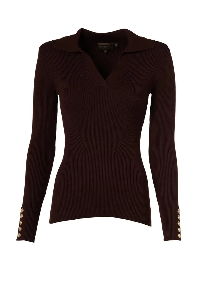 Holland Cooper Knitwear Women VNeck Rib Top Chocolate Holland Cooper Knitwear Women VNeck Rib Top Chocolate